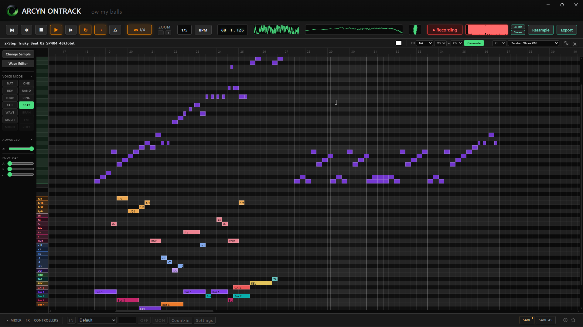 The piano roll with per-note automation lanes